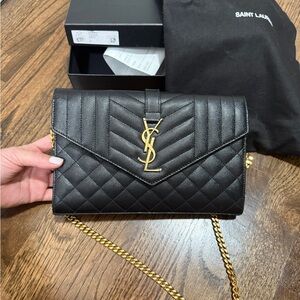 Saint Laurent Black Quilted Clutch with Gold Chain